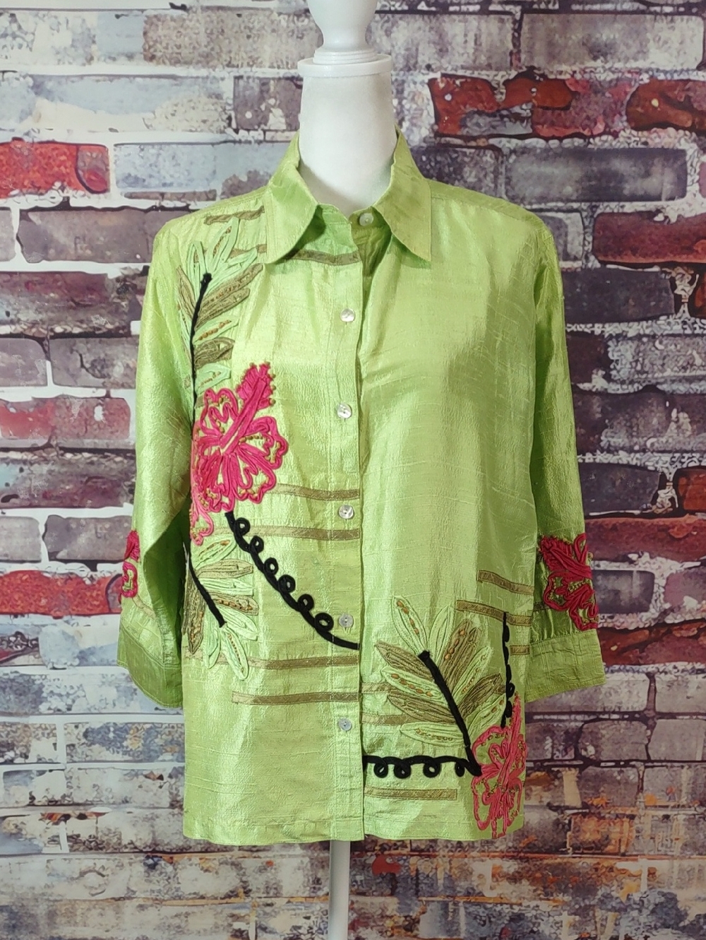 Bleu Bayou Embellished Silk Shantung Shirt Jacket